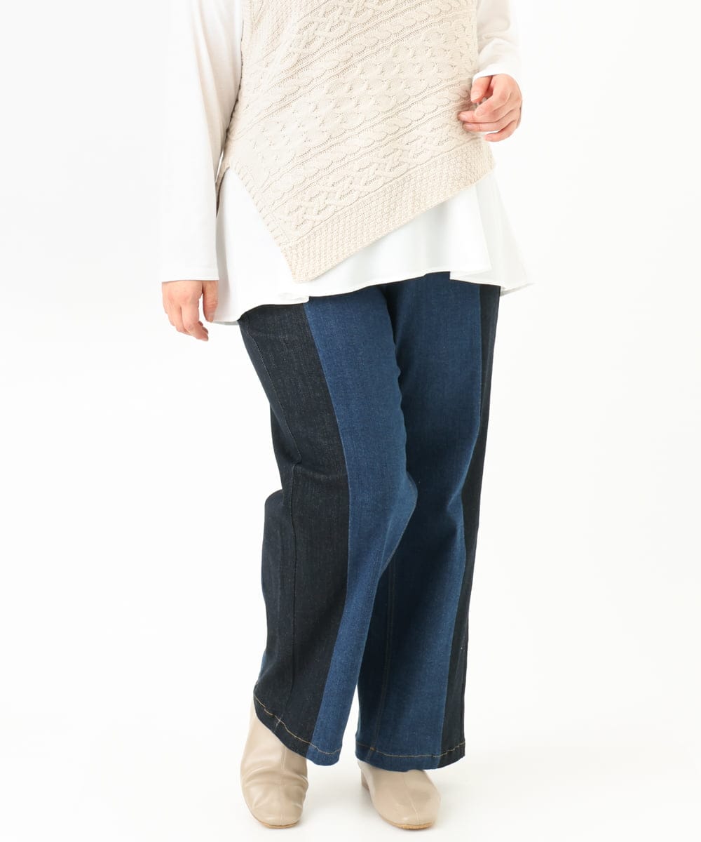 OLLLV07099 eur3(エウルキューブ) 【雑誌掲載】【大きいサイズ】ブロッキングデニムパンツ ブルー(55)