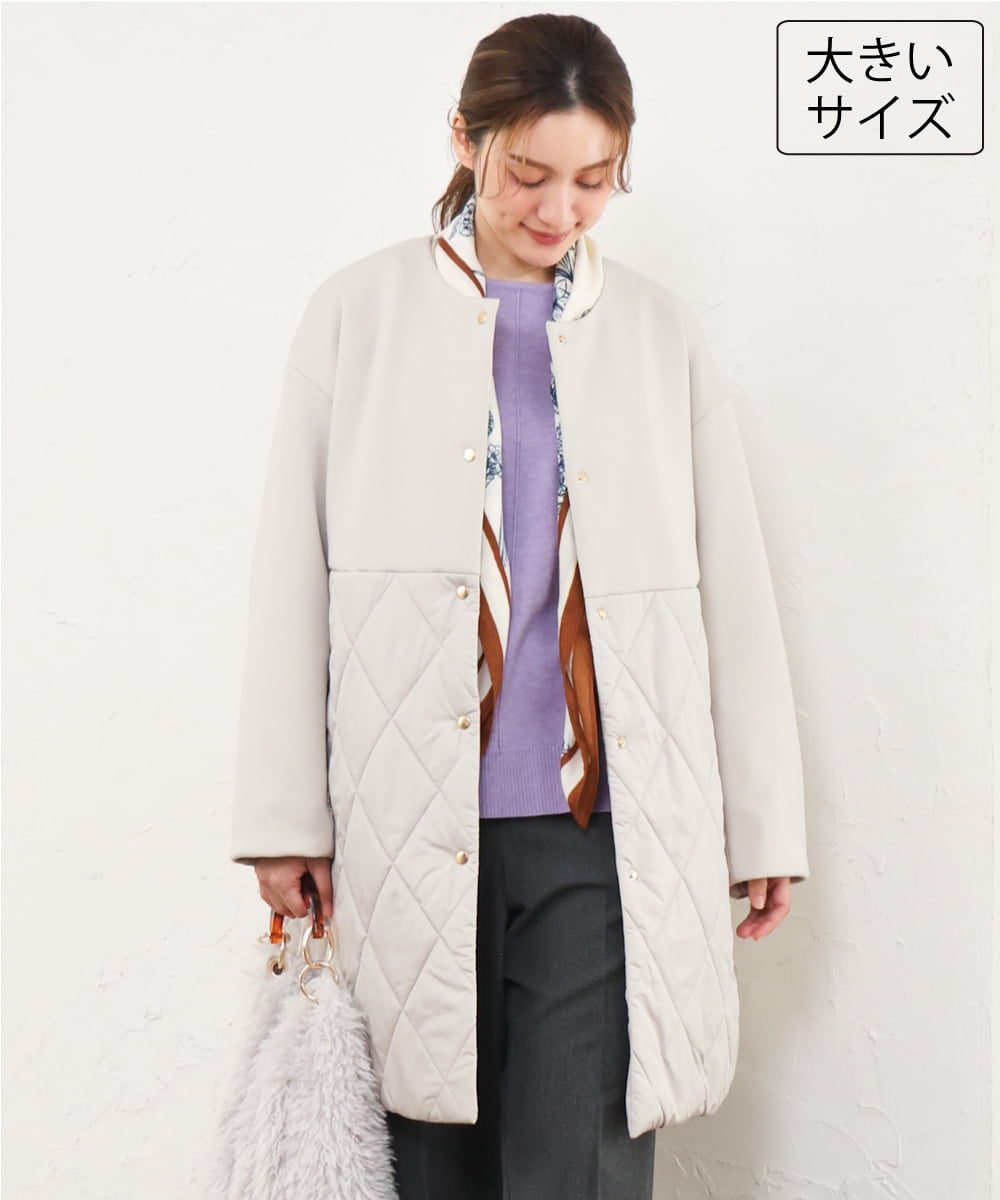 OLULD03199 eur3(エウルキューブ) 【大きいサイズ】ダンボール×キルティングノーカラーコート グレージュ
