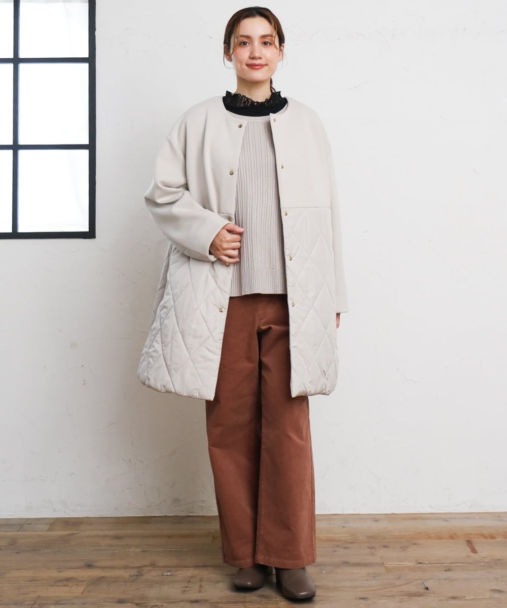 OLULD03199 eur3(エウルキューブ) 【大きいサイズ】ダンボール×キルティングノーカラーコート グレージュ