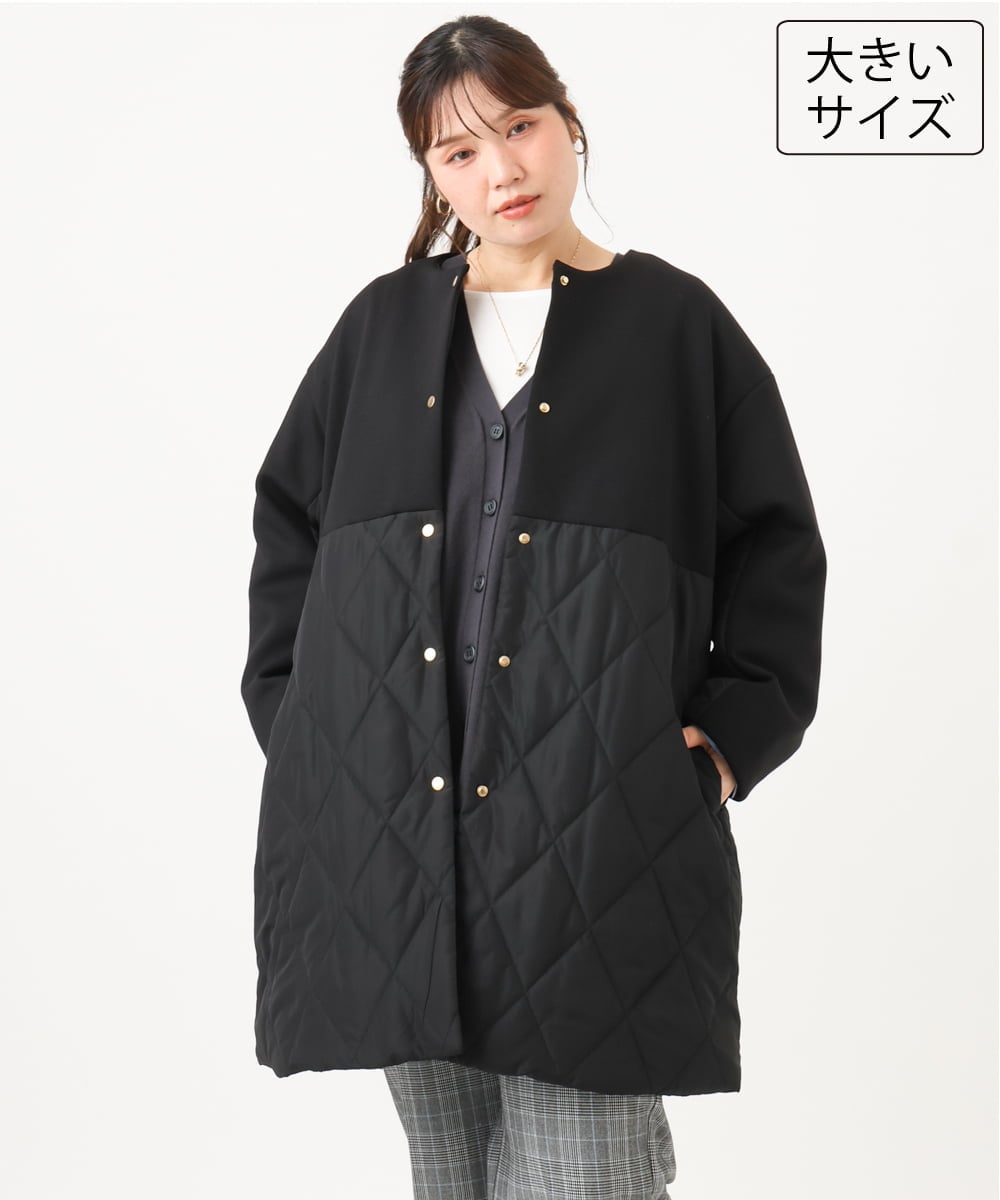OLULD03199 eur3(エウルキューブ) 【大きいサイズ】ダンボール×キルティングノーカラーコート ブラック