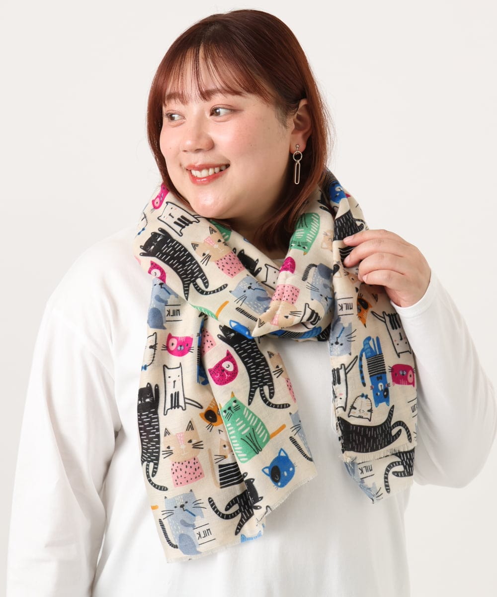 OZ3DD02039 eur3(エウルキューブ) 猫モチーフ大判ストール アイボリー