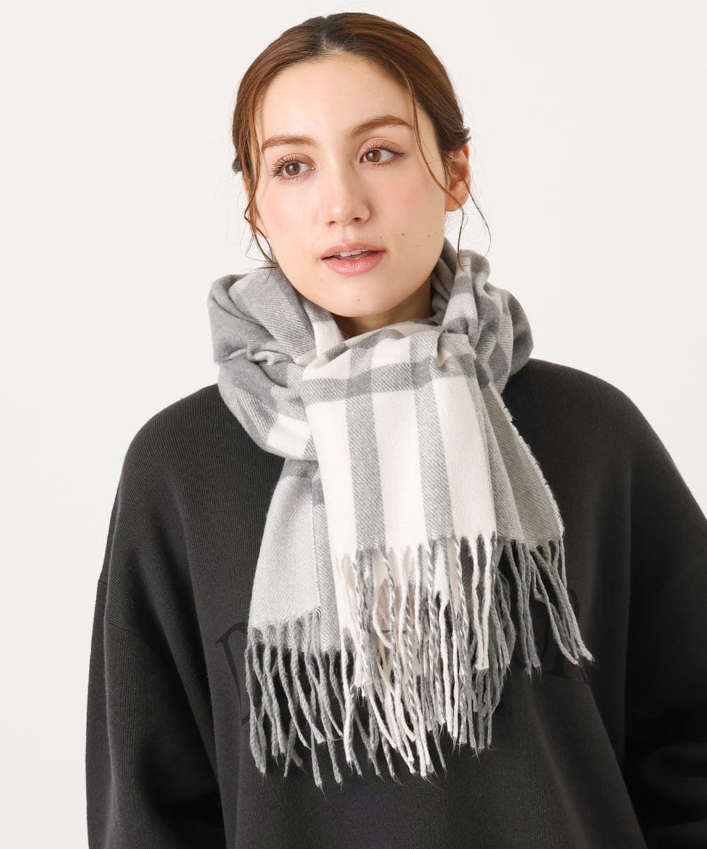 OZ3LA06034 eur3(エウルキューブ) カラーチェックフリンジマフラー ライトグレー