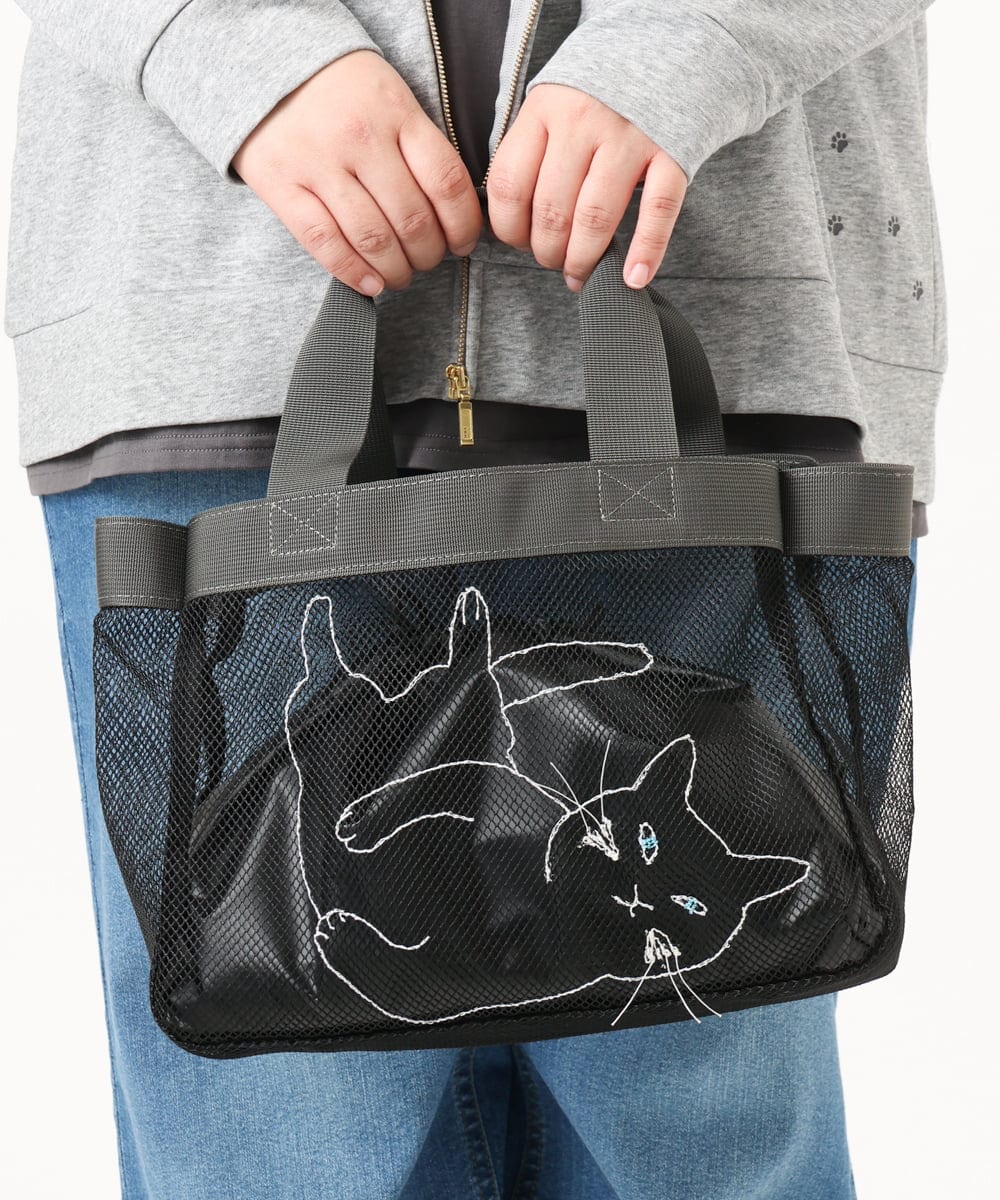 OZ5DD03064 eur3(エウルキューブ) キャット刺繍メッシュトートバッグ ブラック