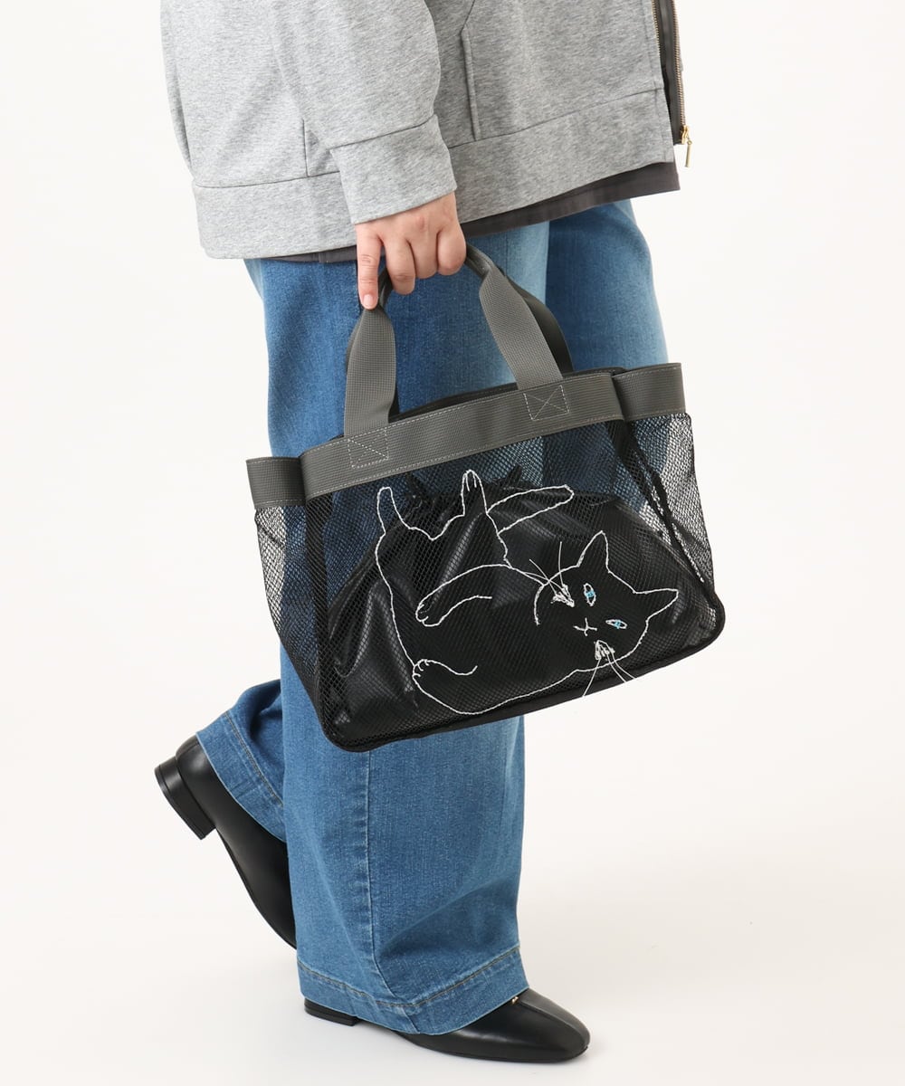 OZ5DD03064 eur3(エウルキューブ) キャット刺繍メッシュトートバッグ ブラック
