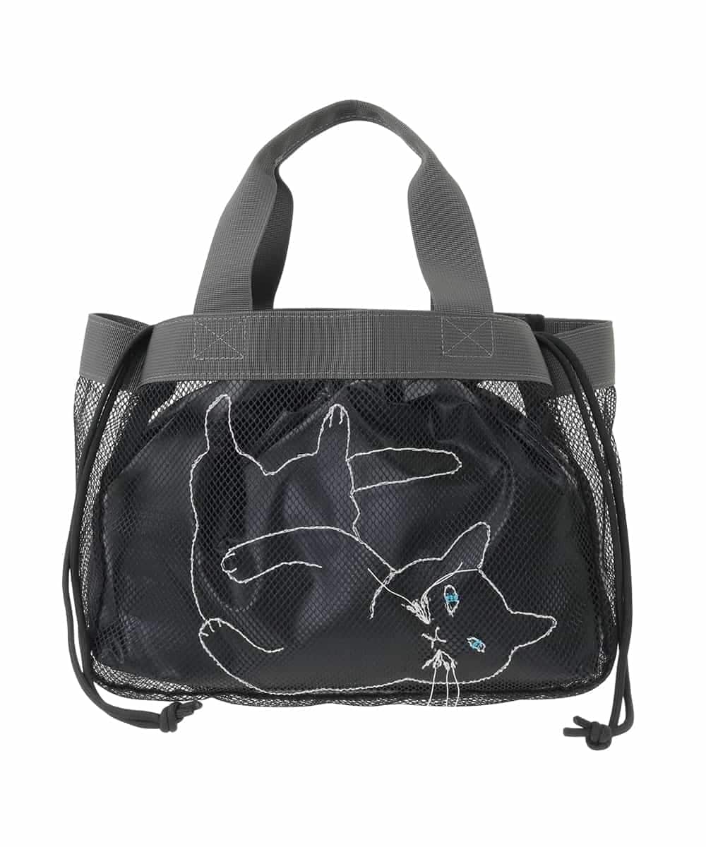 OZ5DD03064 eur3(エウルキューブ) キャット刺繍メッシュトートバッグ ブラック