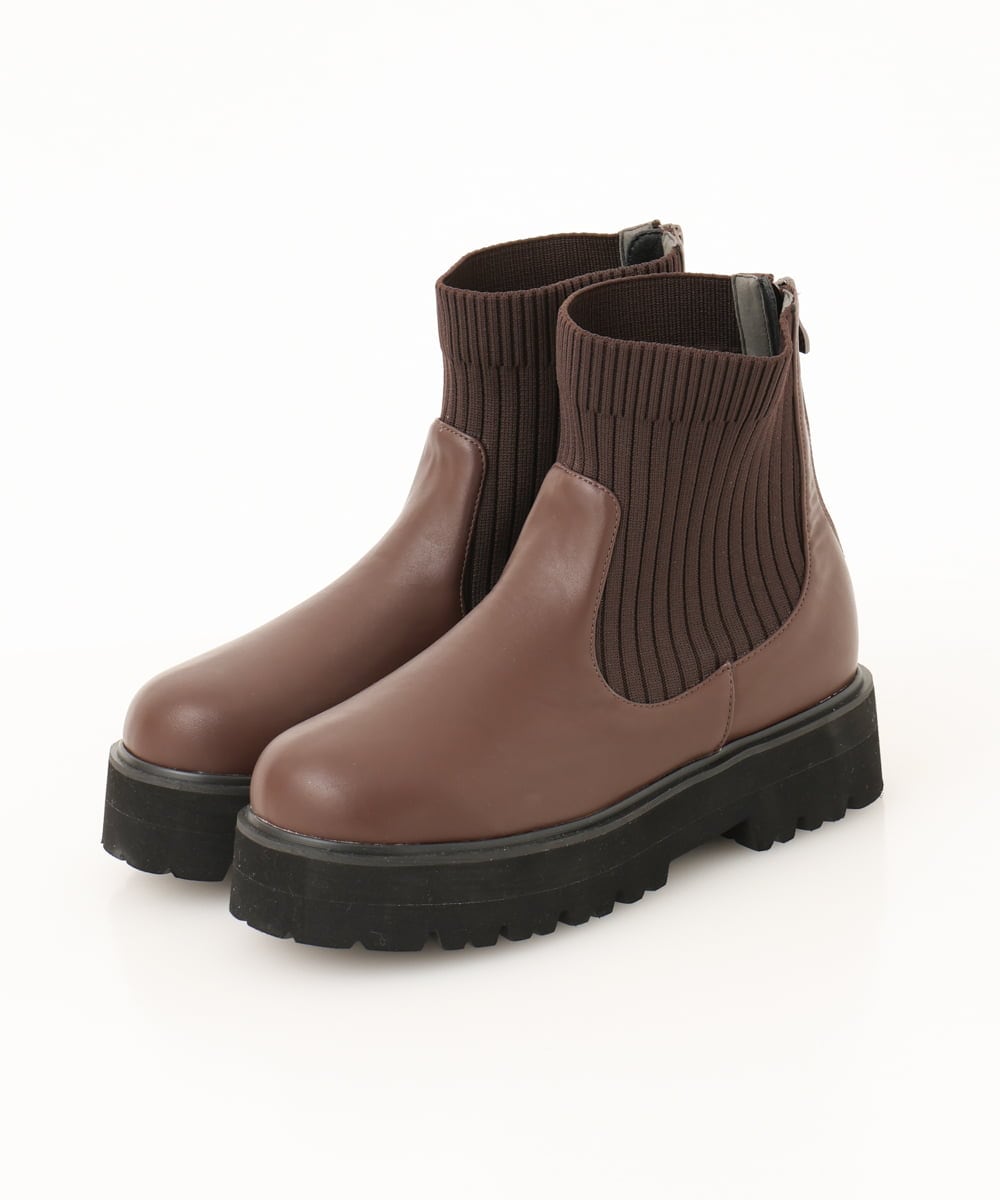 OZ6LV09089 eur3(エウルキューブ) 【雑誌掲載】【幅広さんOK！ワイズ4E】la farfaシューズコラボ！ニットショートブーツ ダークブラウン(87)