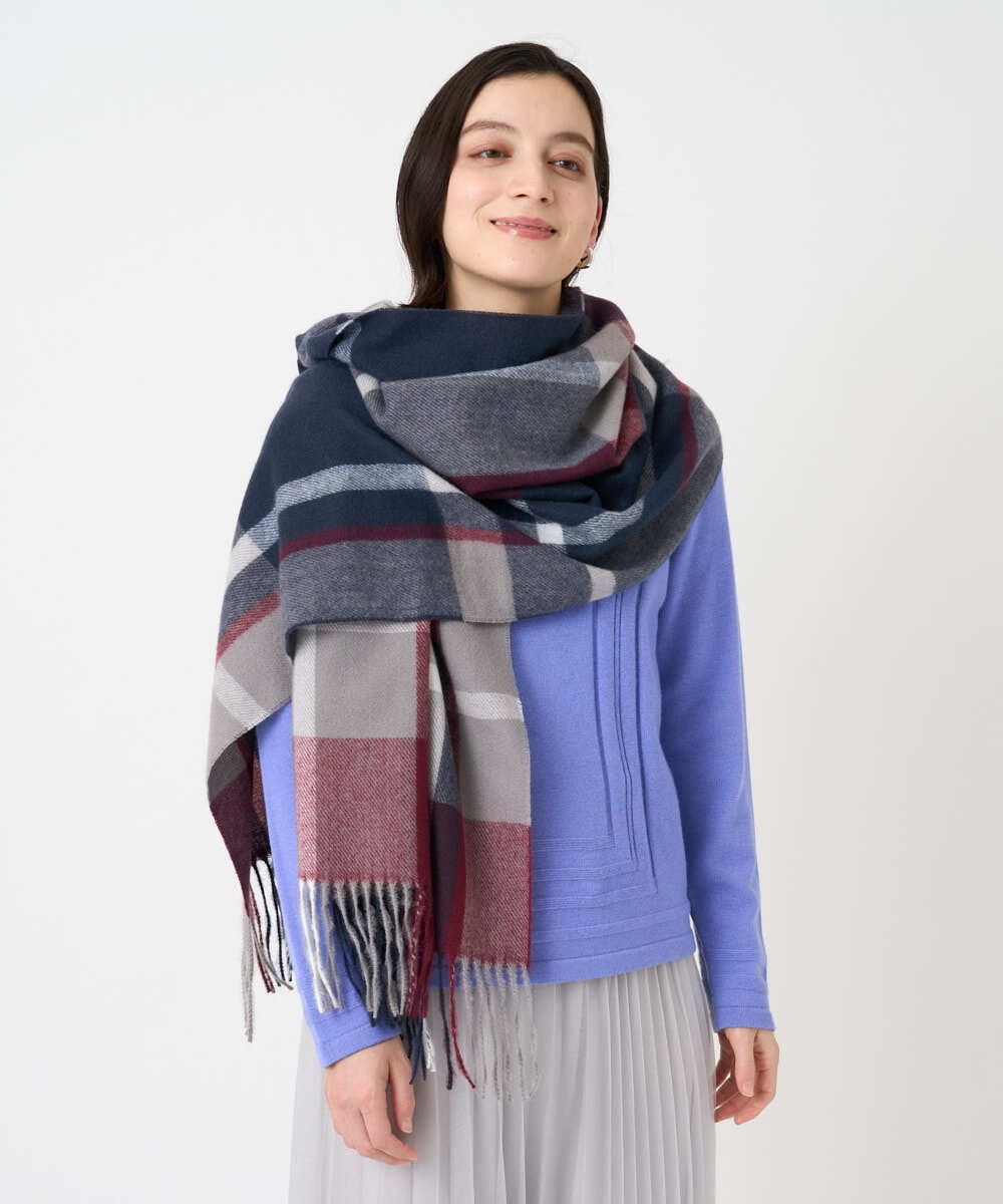 PF3AD12080 GEORGES RECH(小さいサイズ)(メゾン ドゥ サンク) カシミヤタッチ大判チェックストール ネイビー系