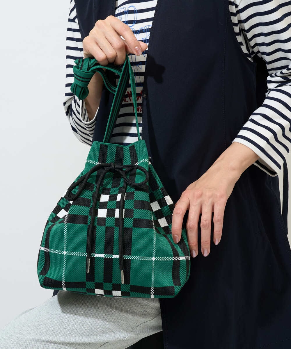 PF5GD28090 GEORGES RECH(小さいサイズ)(メゾン ドゥ サンク) 幾何学柄ニット巾着ショルダーバッグ カーキ