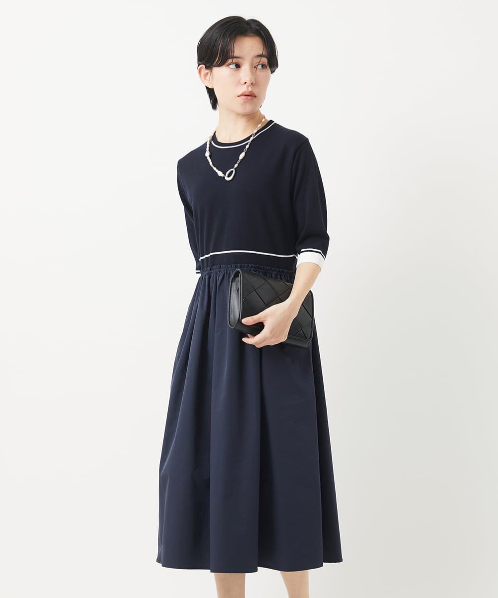 PHAGB45360 GEORGES RECH(小さいサイズ)(メゾン ドゥ サンク) タフタドッキング配色ボーダーニットワンピース ブラック