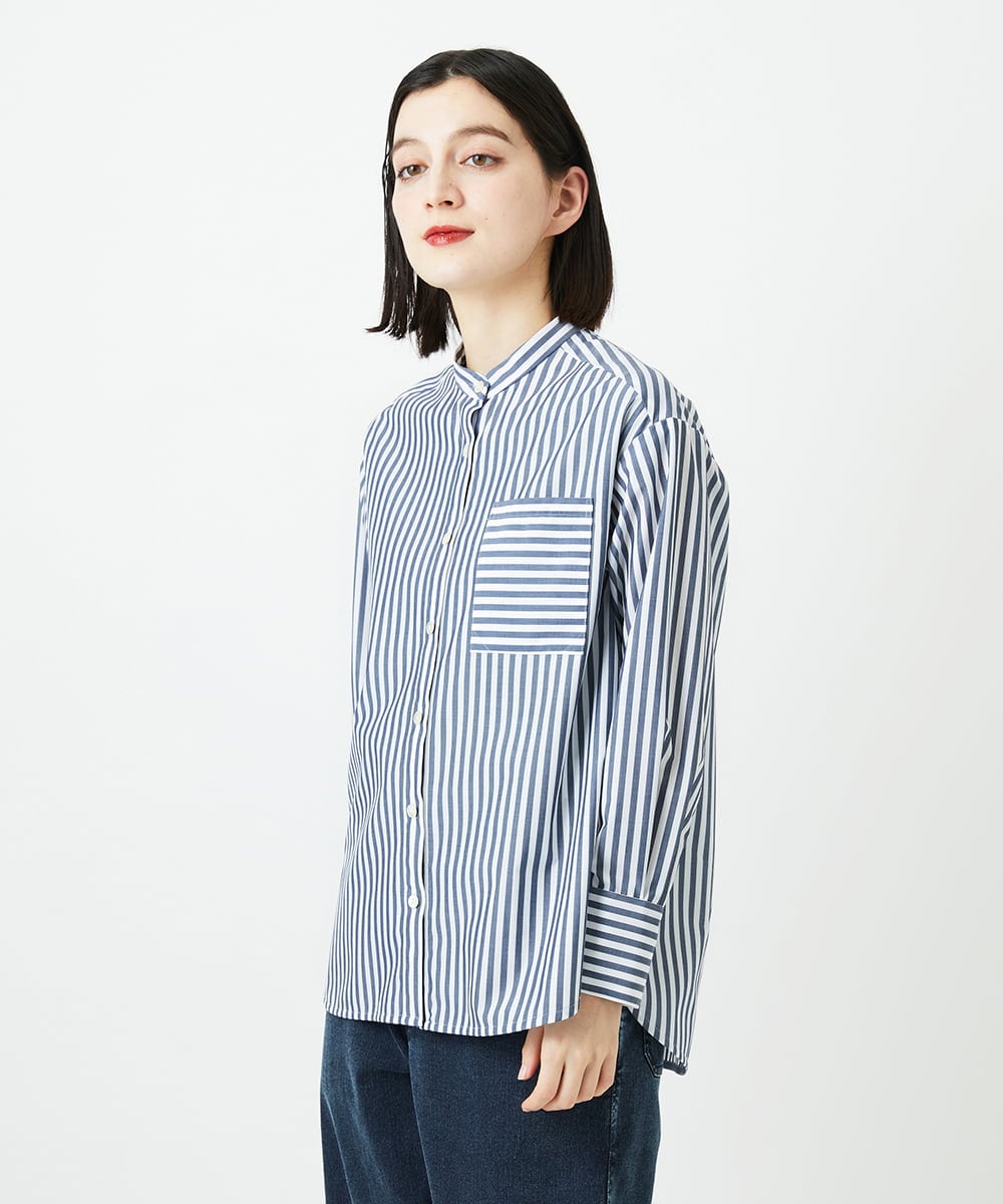 PHBEE05230 GEORGES RECH(小さいサイズ)(メゾン ドゥ サンク) [日本製]バンドカラーシャツ ネイビー