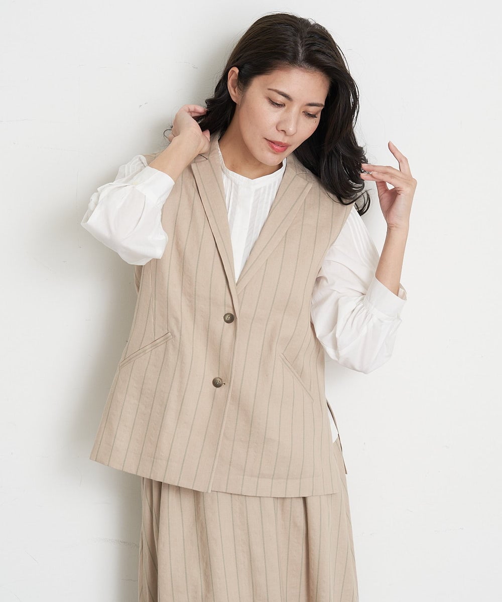 PHBET25390 GEORGES RECH(小さいサイズ)(メゾン ドゥ サンク) [セットアップ対応]リネンへリンボンストライプジレ オフホワイト