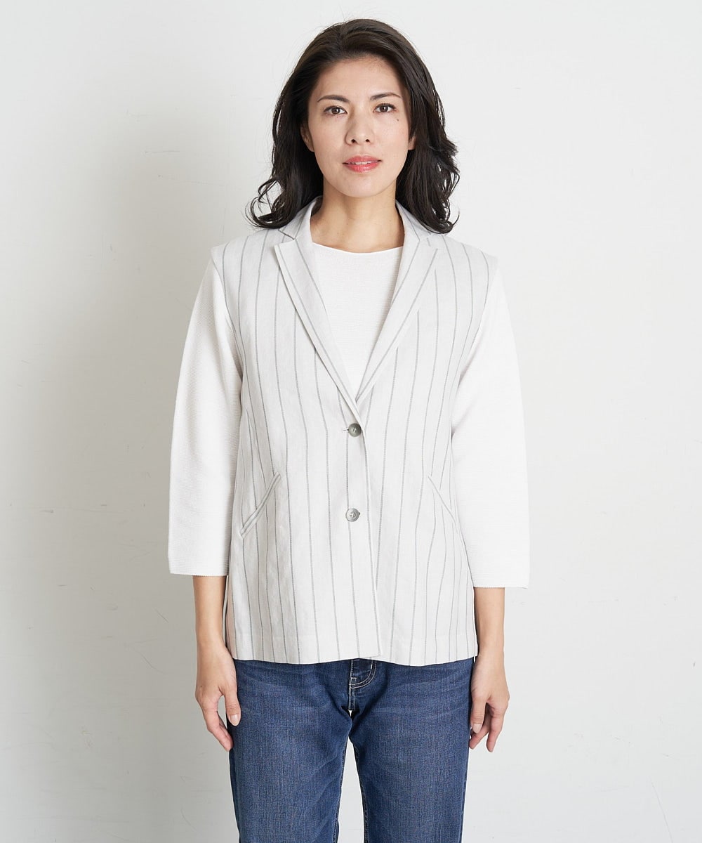 PHBET25390 GEORGES RECH(小さいサイズ)(メゾン ドゥ サンク) [セットアップ対応]リネンへリンボンストライプジレ オフホワイト