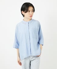 PHBGA35270 GEORGES RECH(小さいサイズ)(メゾン ドゥ サンク)  [日本製]バンドカラードルマンスリーブブラウス ライトブルー系