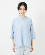 PHBGA35270 GEORGES RECH(小さいサイズ)(メゾン ドゥ サンク)  [日本製]バンドカラードルマンスリーブブラウス ライトブルー系