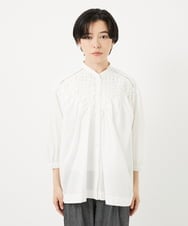 PHBGA42330 GEORGES RECH(小さいサイズ)(メゾン ドゥ サンク) バンドカラーハンドスモッキング7分袖ブラウス ホワイト