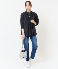 PHBGA42330 GEORGES RECH(小さいサイズ)(メゾン ドゥ サンク) バンドカラーハンドスモッキング7分袖ブラウス ブラック