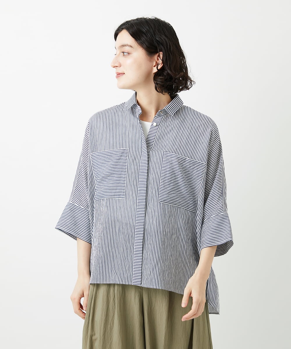 PHBGD04270 GEORGES RECH(小さいサイズ)(メゾン ドゥ サンク) バンドカラードルマンスリーブブラウス ネイビー