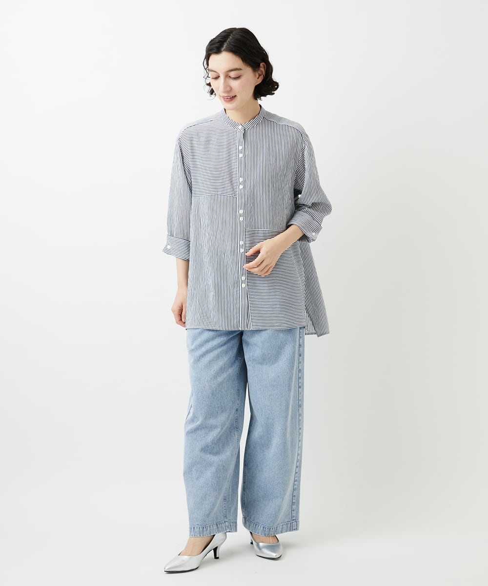 PHBGD05270 GEORGES RECH(小さいサイズ)(メゾン ドゥ サンク) バンドカラードルマンスリーブロングブラウス ライトブルー