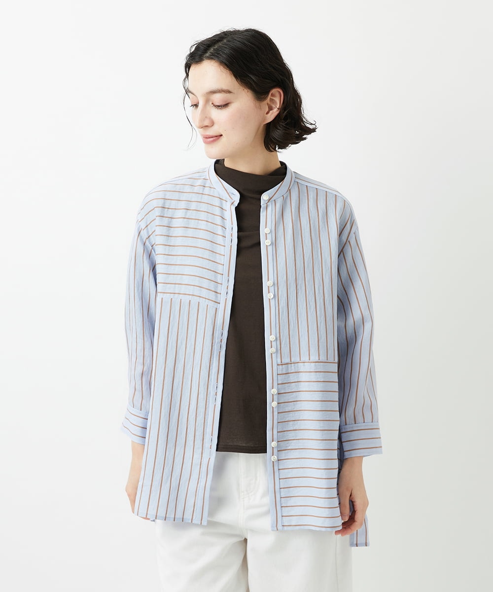 PHBGD05270 GEORGES RECH(小さいサイズ)(メゾン ドゥ サンク) バンドカラードルマンスリーブロングブラウス ライトブルー