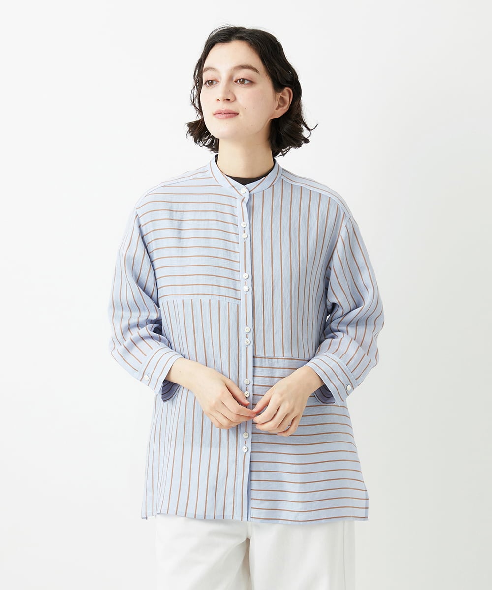 PHBGD05270 GEORGES RECH(小さいサイズ)(メゾン ドゥ サンク) バンドカラードルマンスリーブロングブラウス ライトブルー