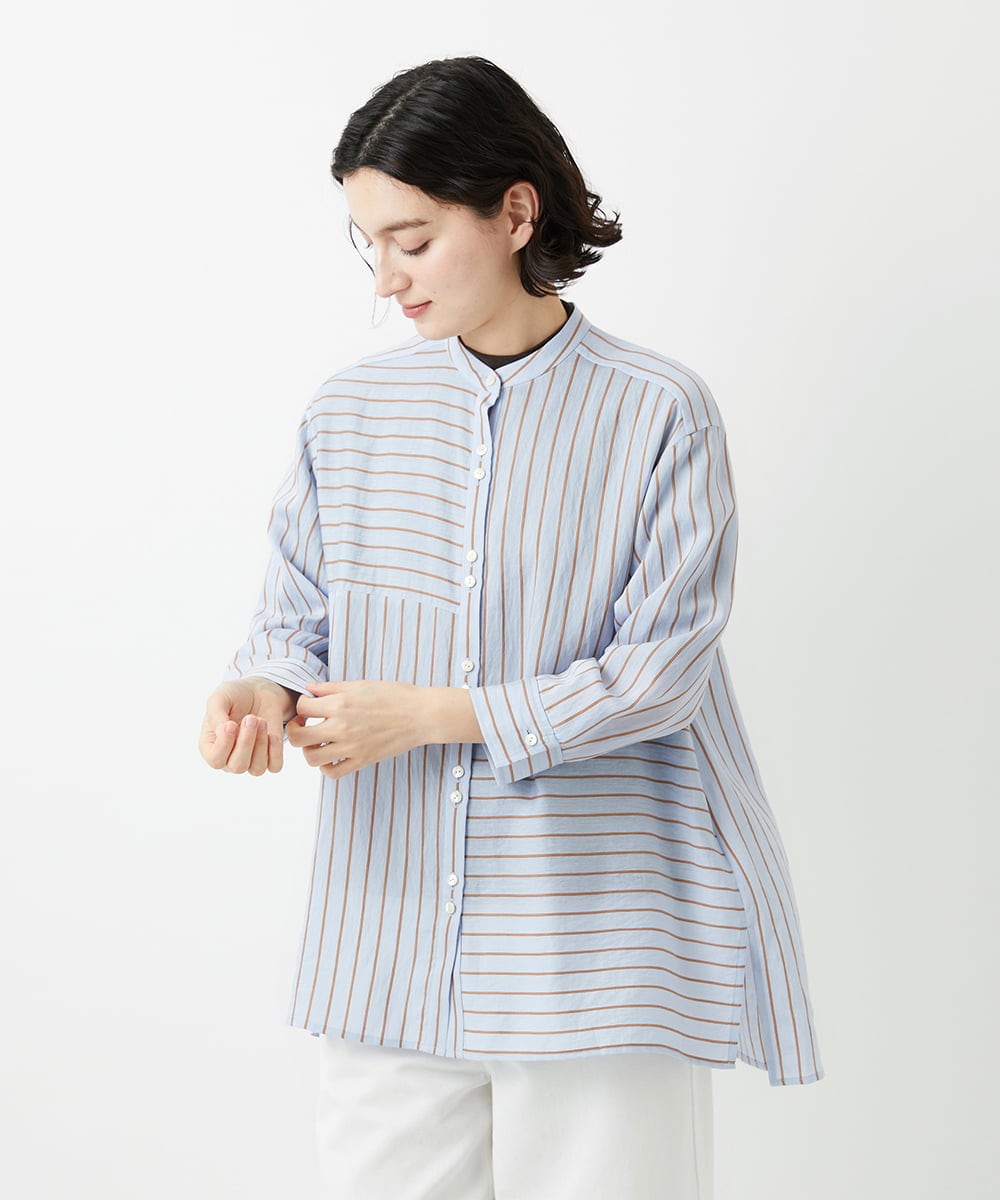 PHBGD05270 GEORGES RECH(小さいサイズ)(メゾン ドゥ サンク) バンドカラードルマンスリーブロングブラウス ライトブルー