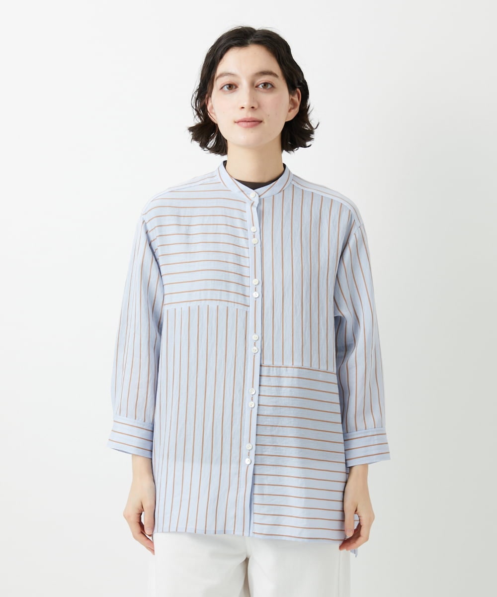 PHBGD05270 GEORGES RECH(小さいサイズ)(メゾン ドゥ サンク) バンドカラードルマンスリーブロングブラウス ライトブルー