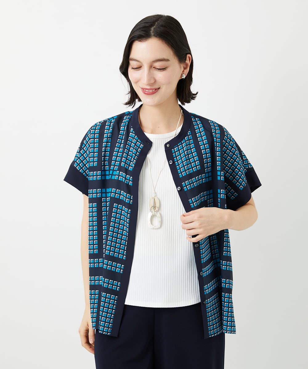 PHBGD14290 GEORGES RECH(小さいサイズ)(メゾン ドゥ サンク)  [日本製/セットアップ対応]ジオメトリックスカーフ柄ブラウス ネイビー系