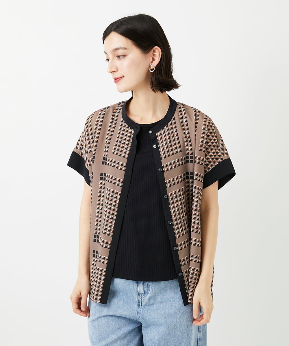 PHBGD14290 GEORGES RECH(小さいサイズ)(メゾン ドゥ サンク)  [日本製/セットアップ対応]ジオメトリックスカーフ柄ブラウス ベージュ系