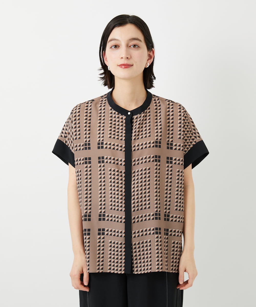 PHBGD14290 GEORGES RECH(小さいサイズ)(メゾン ドゥ サンク)  [日本製/セットアップ対応]ジオメトリックスカーフ柄ブラウス ベージュ系