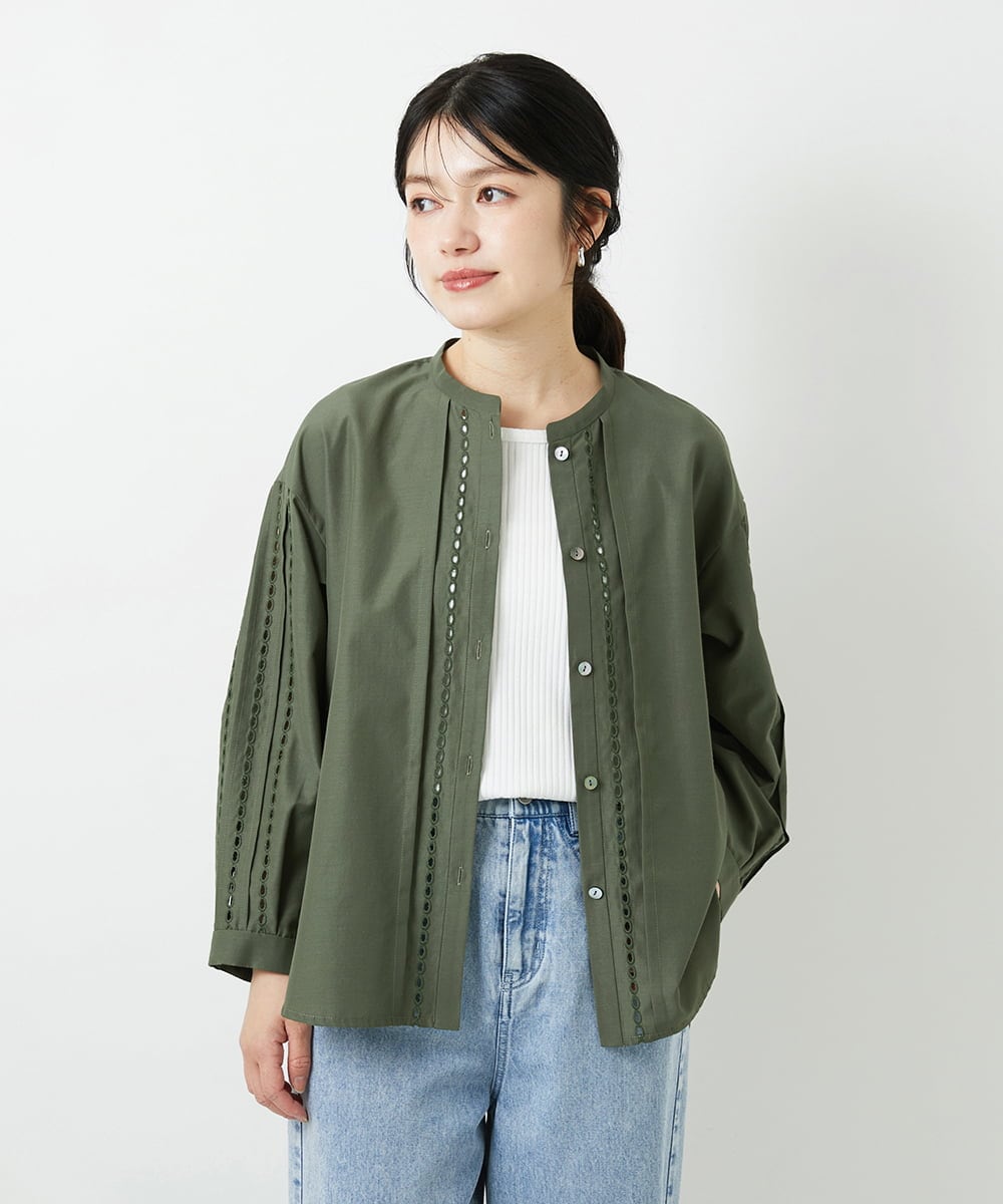 PHBGD22290 GEORGES RECH(小さいサイズ)(メゾン ドゥ サンク) アイレット刺繡8分袖ブラウス カーキ