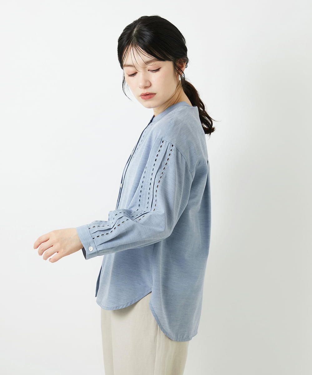 PHBGD22290 GEORGES RECH(小さいサイズ)(メゾン ドゥ サンク) アイレット刺繡8分袖ブラウス ライトブルー