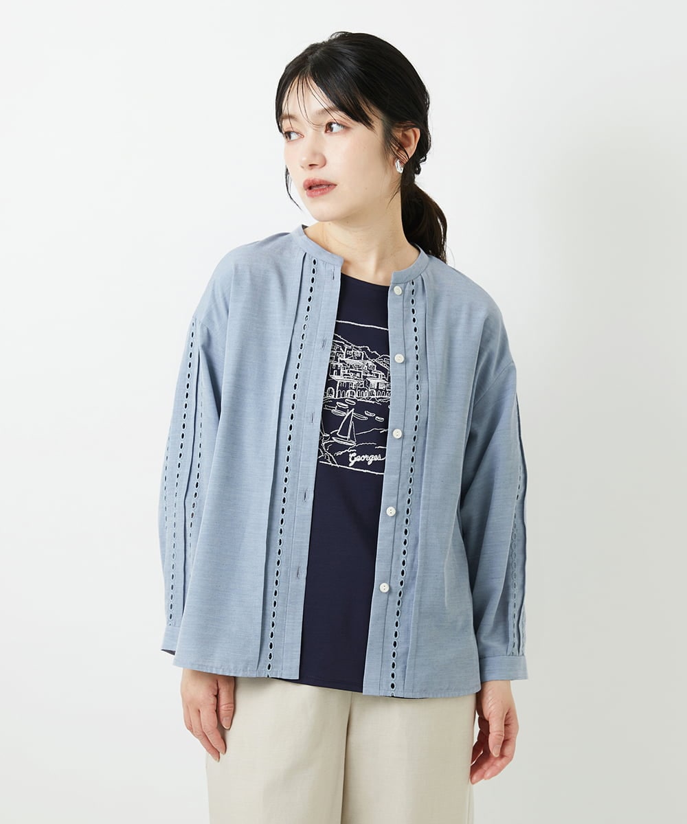 PHBGD22290 GEORGES RECH(小さいサイズ)(メゾン ドゥ サンク) アイレット刺繡8分袖ブラウス ライトブルー