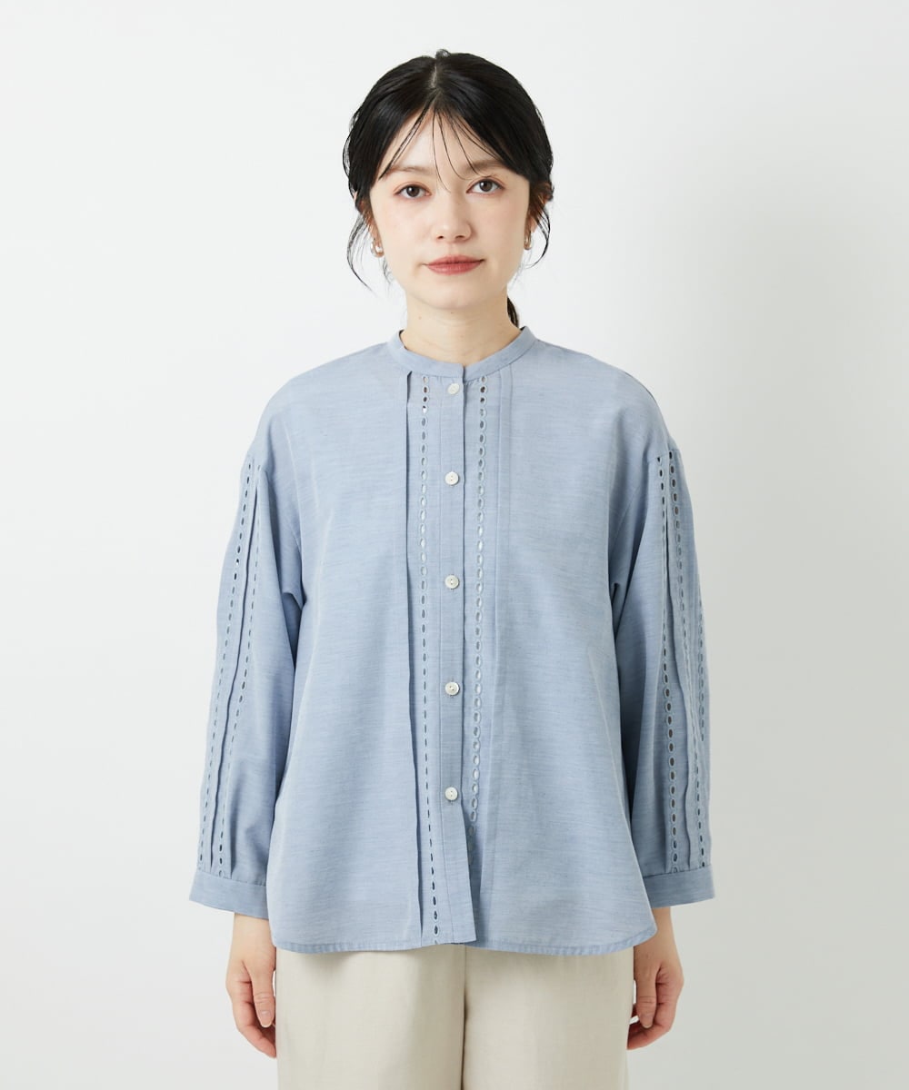 PHBGD22290 GEORGES RECH(小さいサイズ)(メゾン ドゥ サンク) アイレット刺繡8分袖ブラウス ライトブルー