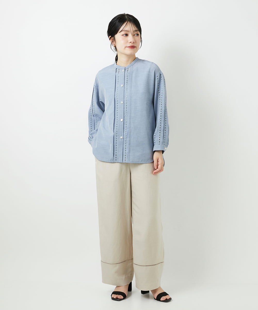 PHBGD22290 GEORGES RECH(小さいサイズ)(メゾン ドゥ サンク) アイレット刺繡8分袖ブラウス ライトブルー