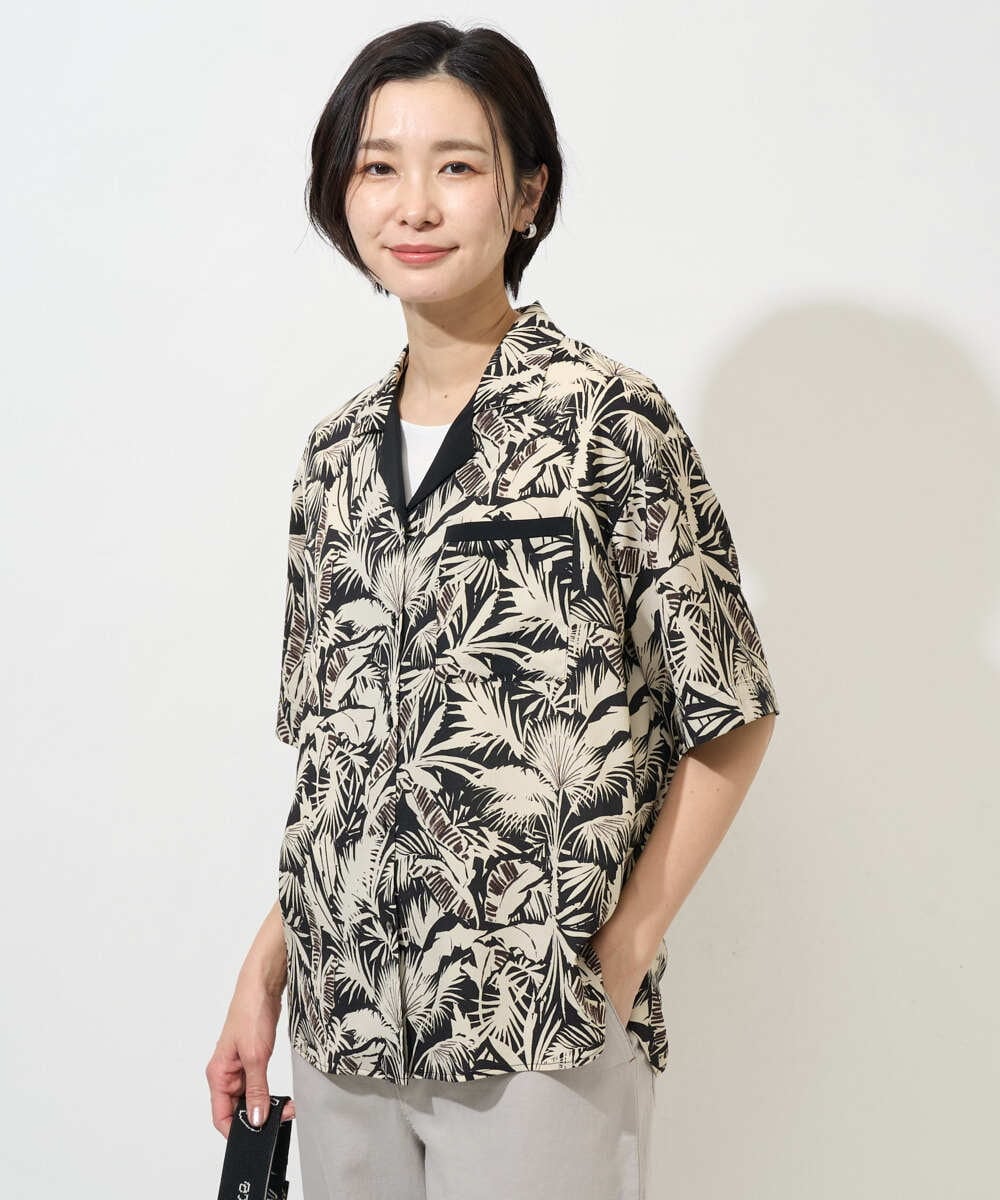 PHBGD32270 GEORGES RECH(小さいサイズ)(メゾン ドゥ サンク) リーフプリントオープンカラーシャツ ブラック系