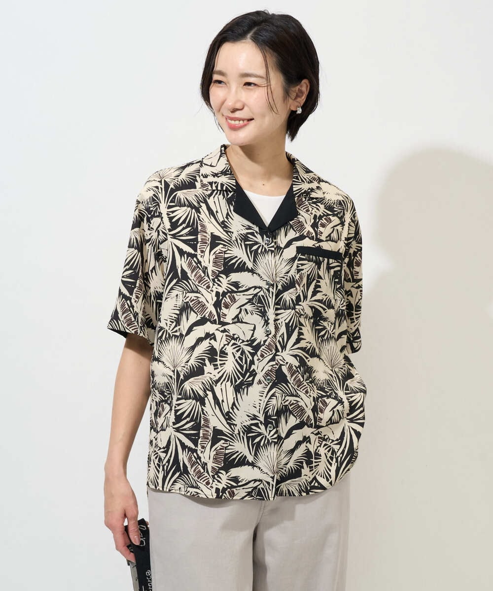 PHBGD32270 GEORGES RECH(小さいサイズ)(メゾン ドゥ サンク) リーフプリントオープンカラーシャツ ブラック系