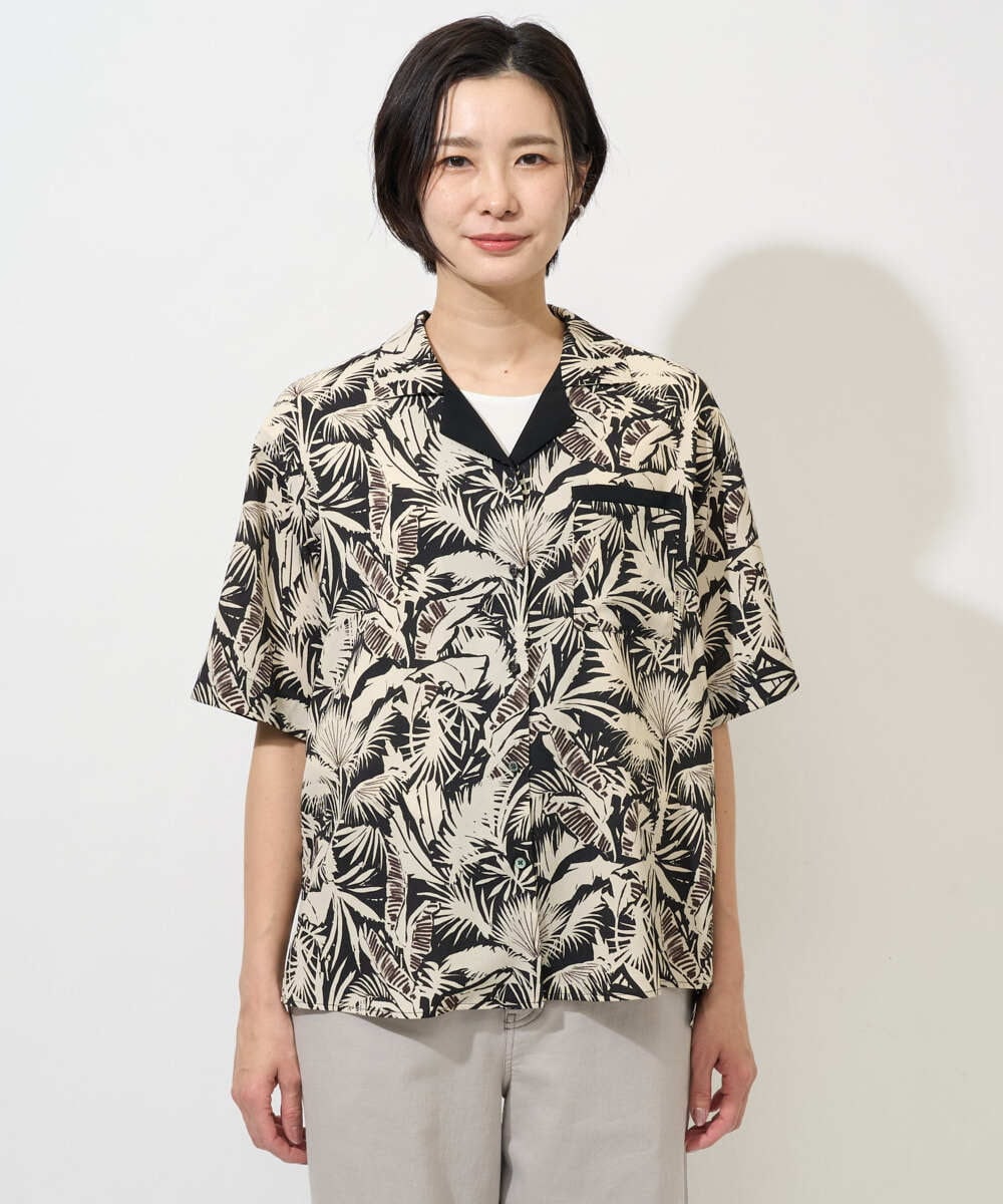 PHBGD32270 GEORGES RECH(小さいサイズ)(メゾン ドゥ サンク) リーフプリントオープンカラーシャツ ブラック系