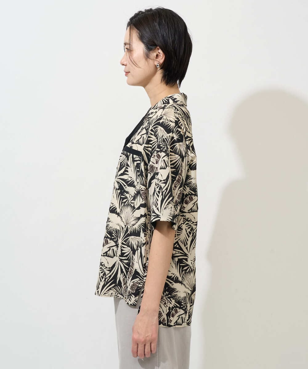 PHBGD32270 GEORGES RECH(小さいサイズ)(メゾン ドゥ サンク) リーフプリントオープンカラーシャツ ブラック系