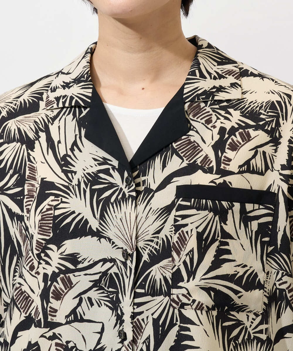 PHBGD32270 GEORGES RECH(小さいサイズ)(メゾン ドゥ サンク) リーフプリントオープンカラーシャツ ブラック系