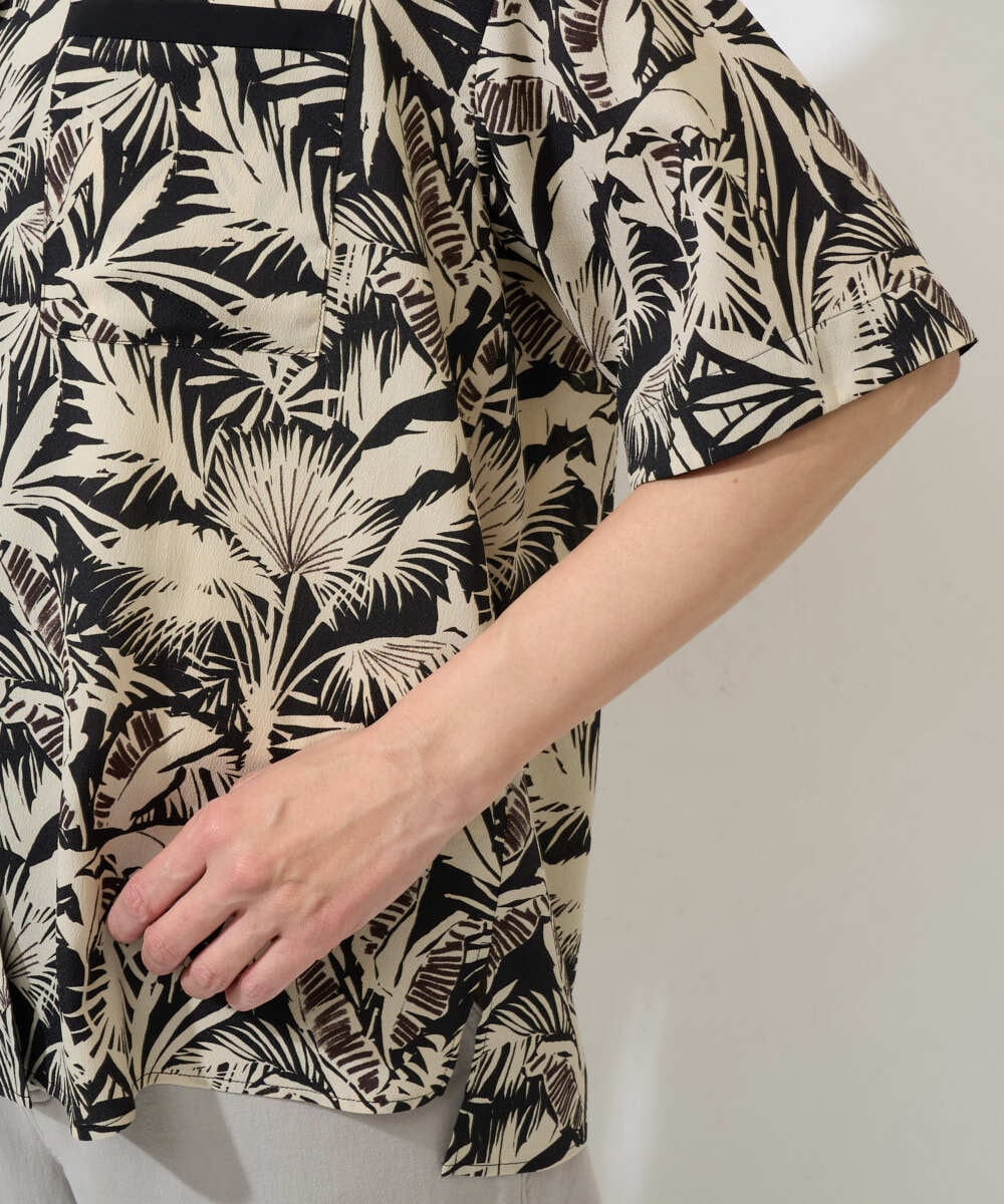 PHBGD32270 GEORGES RECH(小さいサイズ)(メゾン ドゥ サンク) リーフプリントオープンカラーシャツ ブラック系