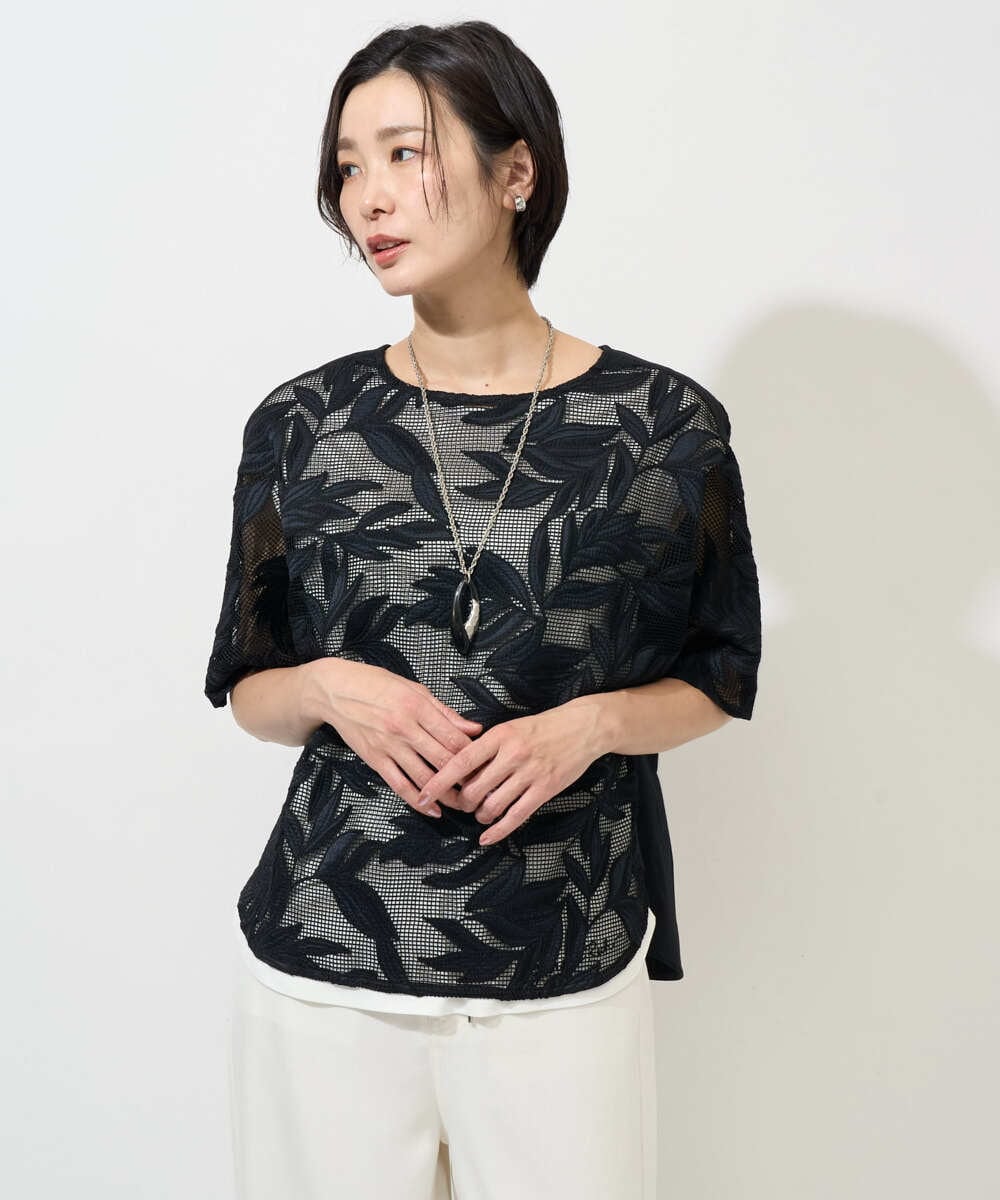 PHBGD37290 GEORGES RECH(小さいサイズ)(メゾン ドゥ サンク) メッシュアップリケドルマンスリーブブラウス ブラック