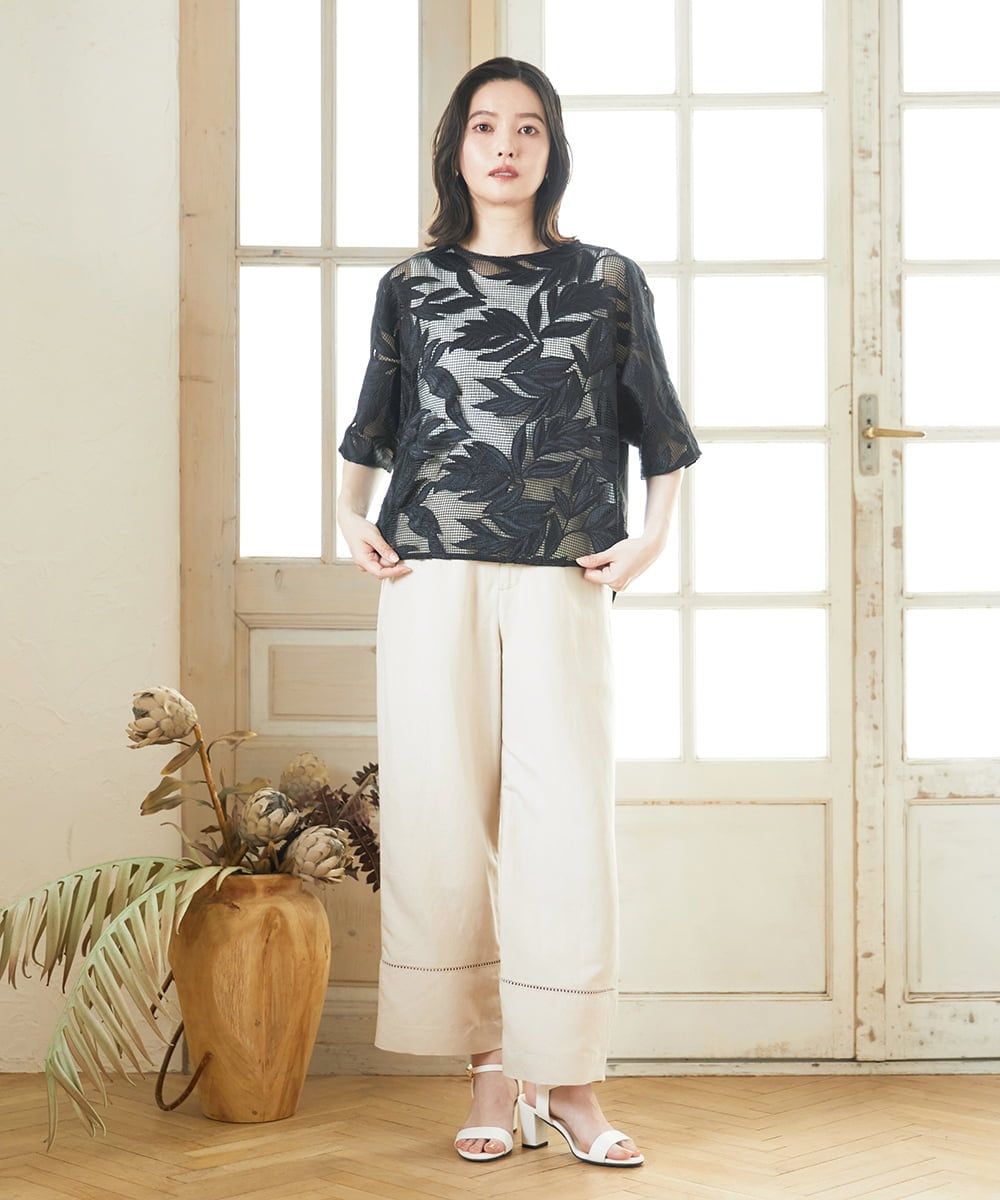 PHBGD37290 GEORGES RECH(小さいサイズ)(メゾン ドゥ サンク) メッシュアップリケドルマンスリーブブラウス ブラック