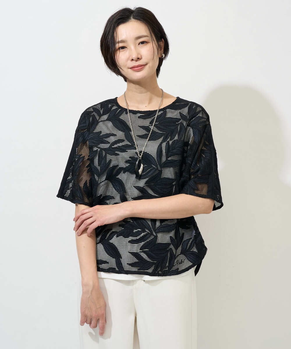 PHBGD37290 GEORGES RECH(小さいサイズ)(メゾン ドゥ サンク) メッシュアップリケドルマンスリーブブラウス ブラック