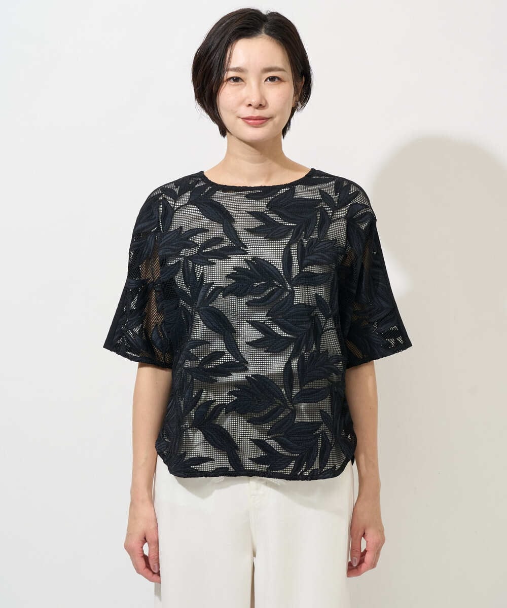 PHBGD37290 GEORGES RECH(小さいサイズ)(メゾン ドゥ サンク) メッシュアップリケドルマンスリーブブラウス ブラック