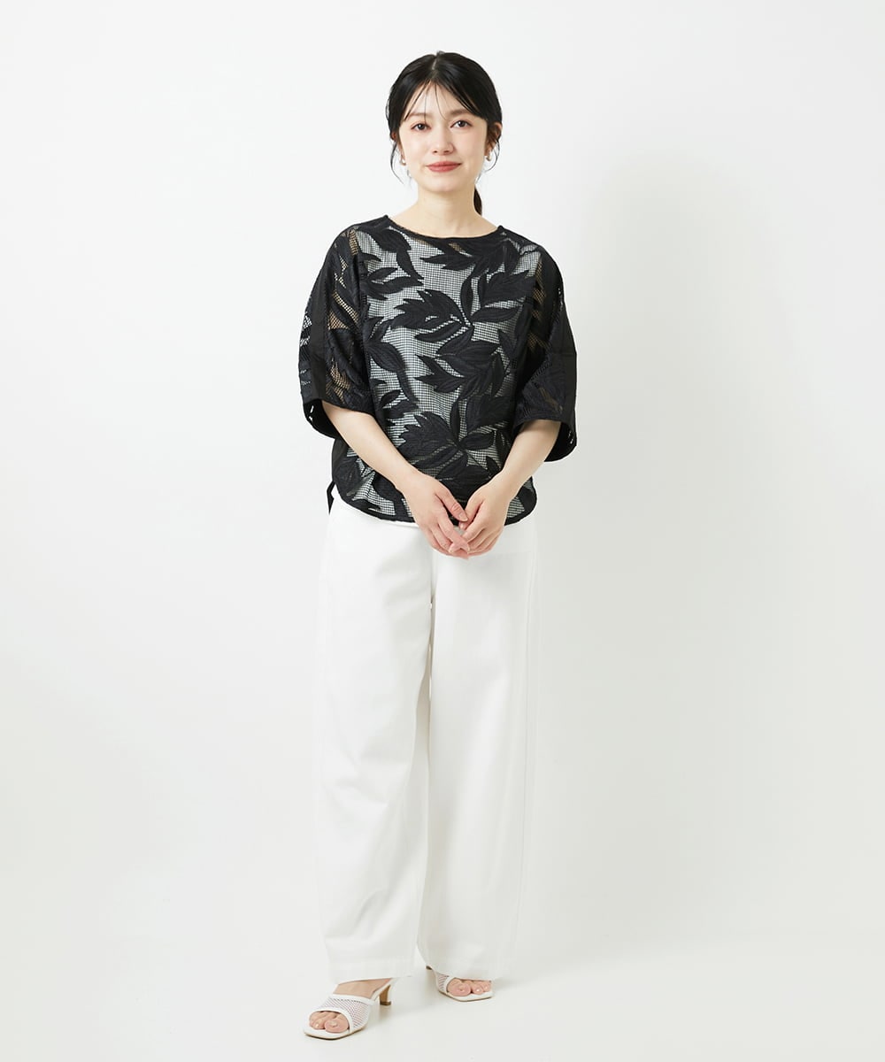 PHBGD37290 GEORGES RECH(小さいサイズ)(メゾン ドゥ サンク) メッシュアップリケドルマンスリーブブラウス ブラック