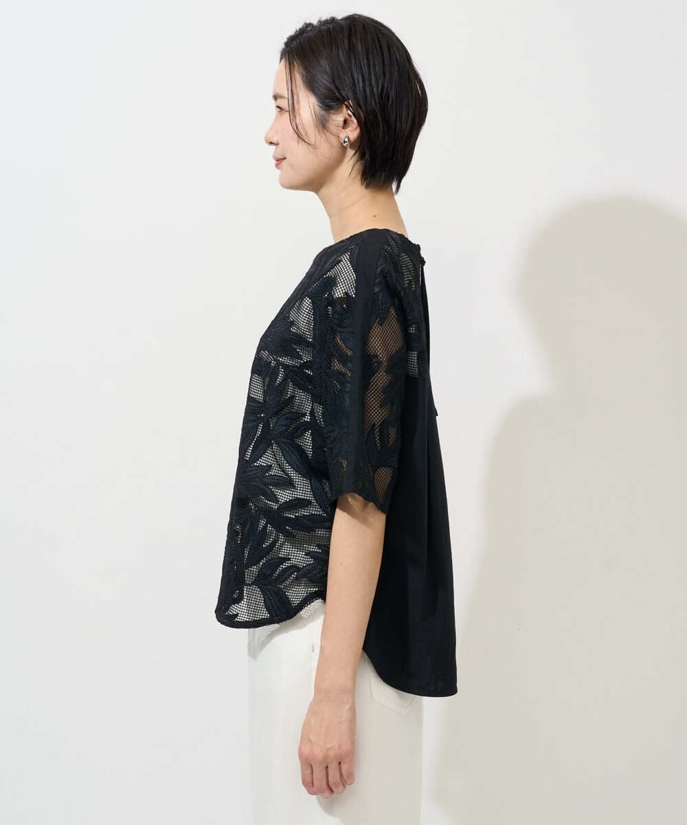 PHBGD37290 GEORGES RECH(小さいサイズ)(メゾン ドゥ サンク) メッシュアップリケドルマンスリーブブラウス ブラック