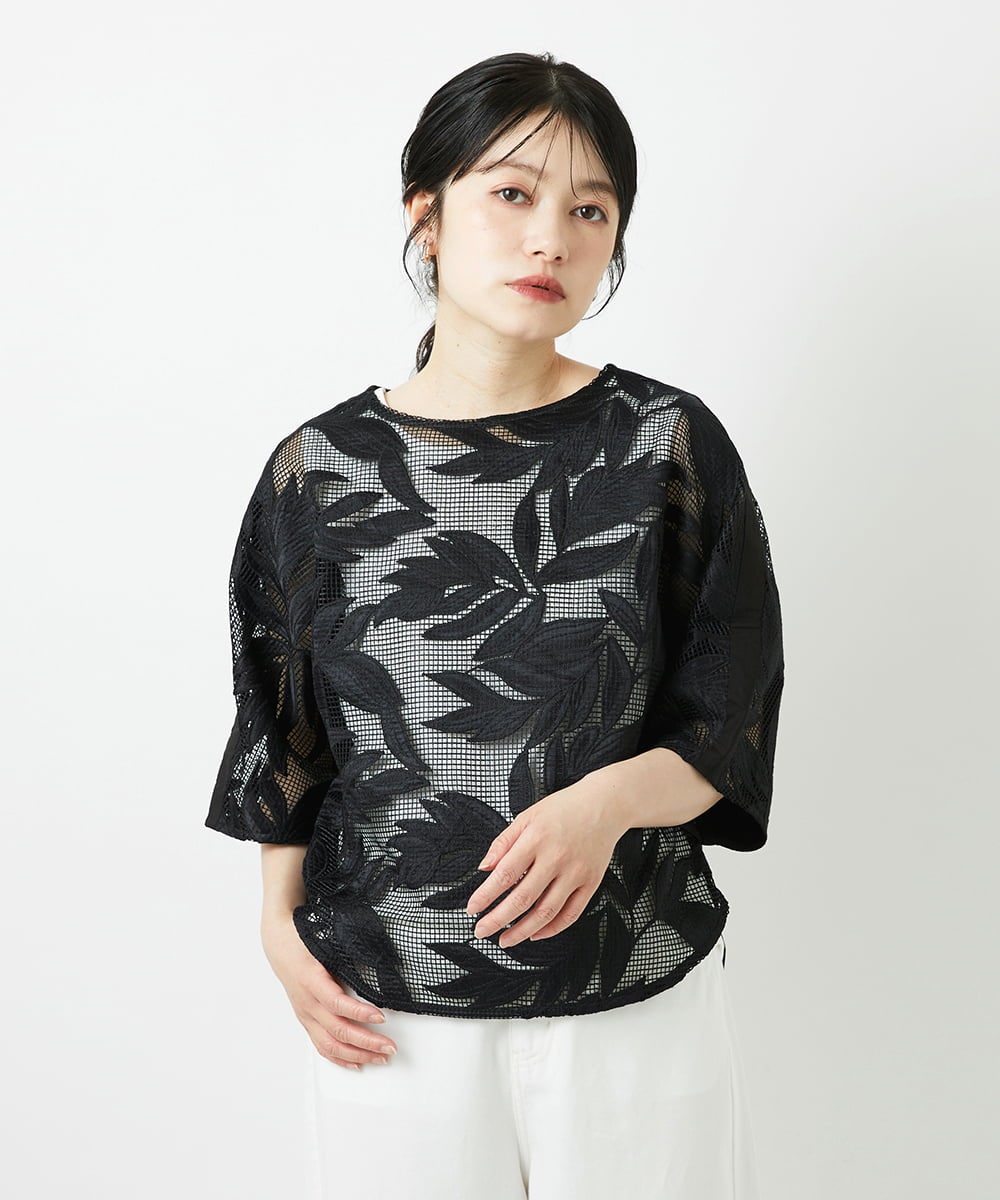 PHBGD37290 GEORGES RECH(小さいサイズ)(メゾン ドゥ サンク) メッシュアップリケドルマンスリーブブラウス ブラック