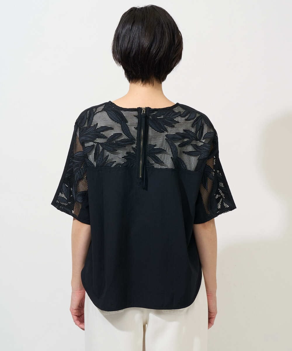 PHBGD37290 GEORGES RECH(小さいサイズ)(メゾン ドゥ サンク) メッシュアップリケドルマンスリーブブラウス ブラック