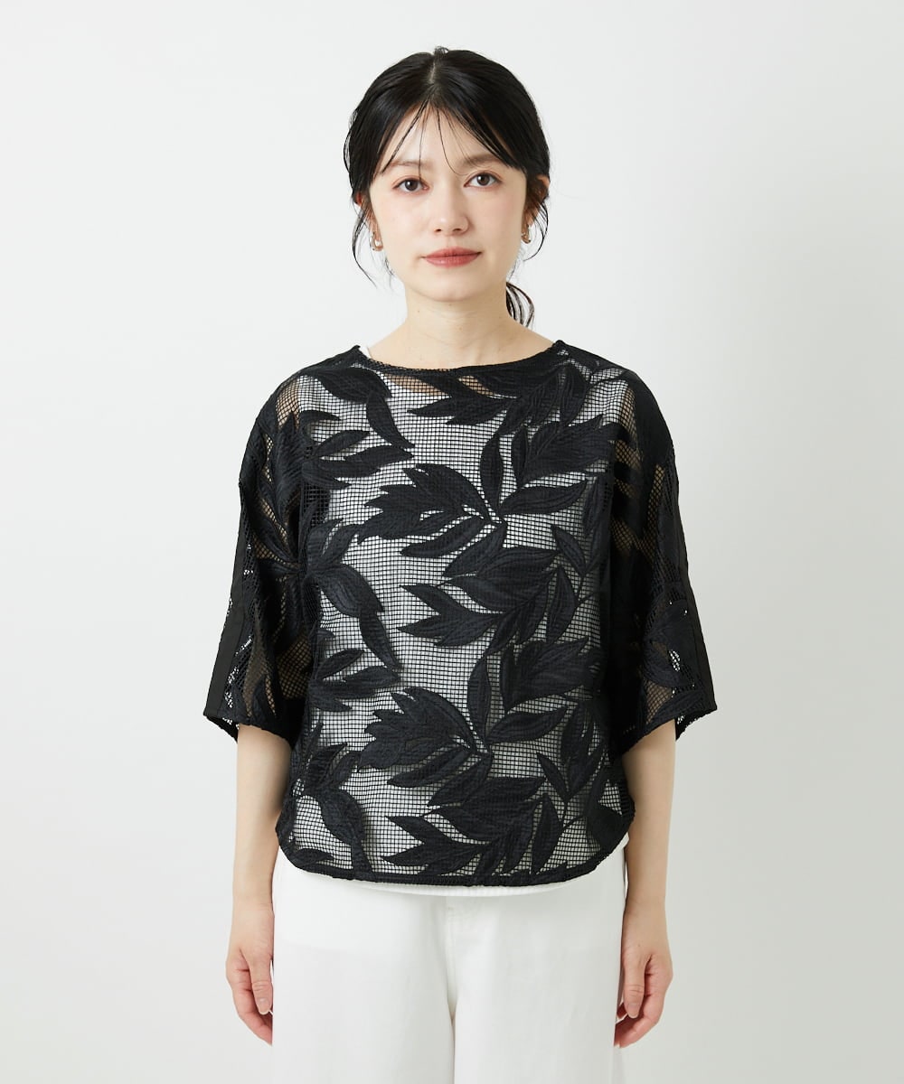 PHBGD37290 GEORGES RECH(小さいサイズ)(メゾン ドゥ サンク) メッシュアップリケドルマンスリーブブラウス ブラック