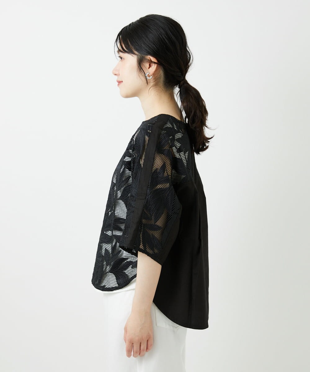 PHBGD37290 GEORGES RECH(小さいサイズ)(メゾン ドゥ サンク) メッシュアップリケドルマンスリーブブラウス ブラック